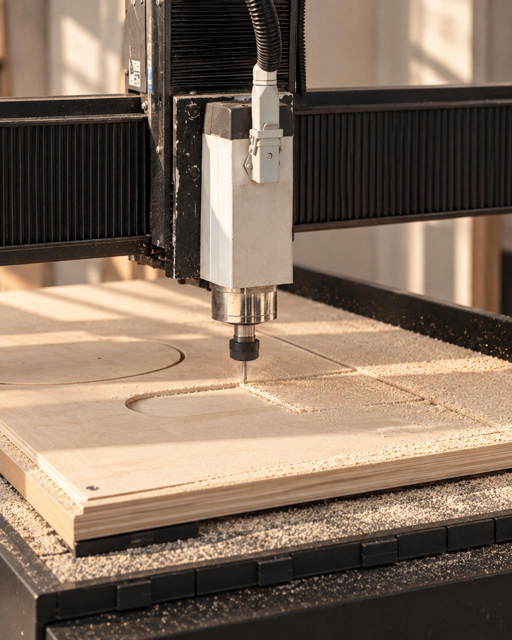 Router CNC de Japandi Mood cortando terciado mueblista en el taller